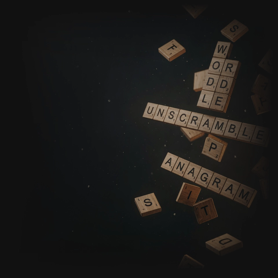Wooden Scrabble tiles floating on a dark dramatic background spelling UNSCRAMBLE, ANAGRAM, WORDLE and other word game terms, vibrant and energetic, perfect for free online word unscrambler and solvers
